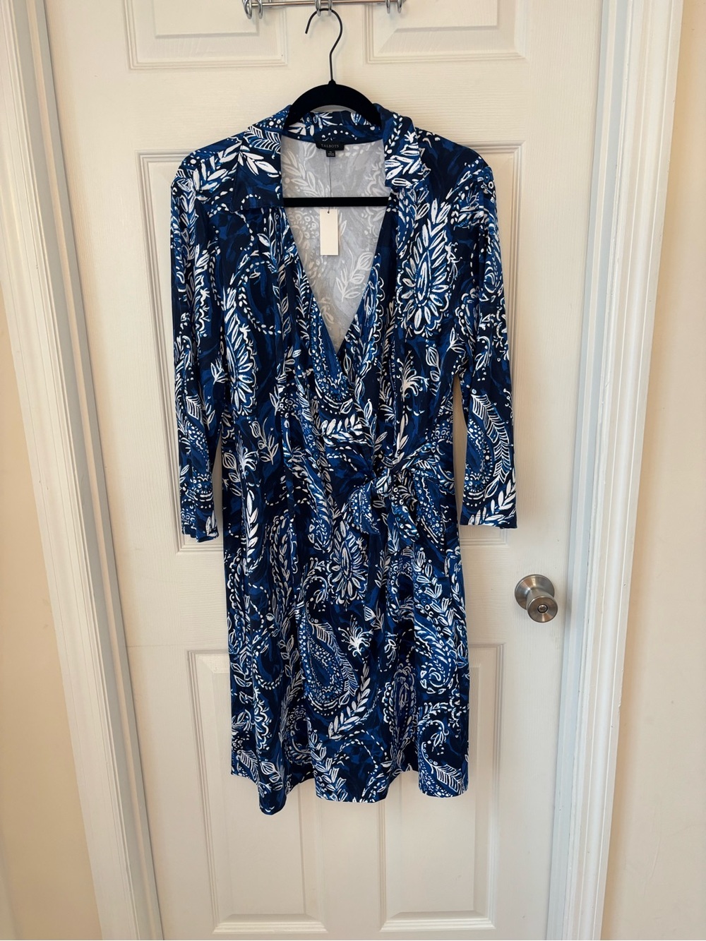 Talbots Navy and White Paisley Wrap Midi Dress